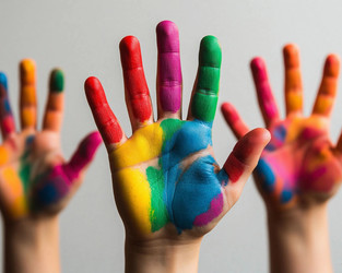 Child's Palms Covered in Colorful Paint – Messy Fun Creative Play for Parenting Blog, Art Class or Kids Activity Poster - Kulkann75