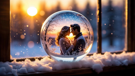 Glass Ball on Wooden House Window with Loving Couple Inside, Snow Outside – Cozy Winter Romance for Holiday Card or Storybook Illustration - Kulkann75