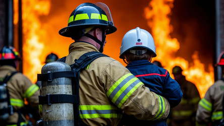 Firefighter Carrying Child from Catastrophe Site, Back View – Rescue Action in Extreme Heat for Emergency Response, Heroism or Breaking News Editorial - Kulkann75