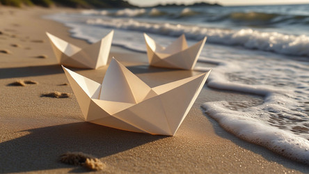 Paper Boats on Sandy Seashore in Summer Sun – Nostalgic Childhood Scene for Wall Art, Travel Print or Storytelling Content - Kulkann75