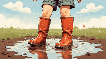 Doodle Poster of Child's Feet in Rain Boots Splashing in Puddle – Playful Rainy Day Illustration for Kids Wall Art, Parenting Blog or Weather Theme - Kulkann75