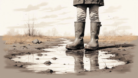 Hand Drawn Poster of Kid's Rubber Boots in Water Puddle – Cute Flat Style Doodle for Nursery Decor, Rainwear Ad or Childhood Memory Print - Kulkann75