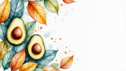Blue and Orange Autumn Watercolor with Leaves and Avocado – Seasonal Copy Space for Fall Menu or Recipe Card - Kulkann75