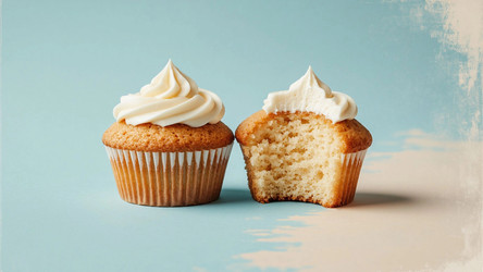 Hand Painted Muffin Art with Creamy Topping – Muted Blue and Beige Tones for Dessert Menu, Recipe Card or Culinary Blog Design - Kulkann75