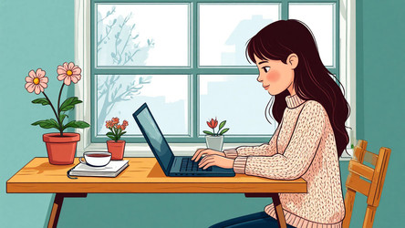 Anime Girl Student Working on Laptop at Desk – Manga Style Poster for Study Motivation, Tech Ad or College Lifestyle Concept - Kulkann75