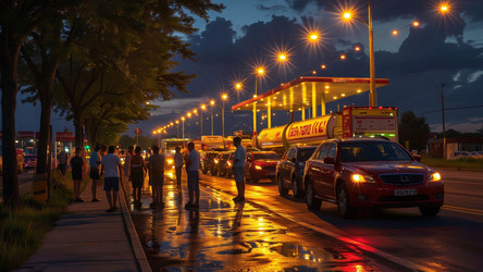 Long Line of Cars at Petrol Station After Dark – Crowded Night Refueling for News Article, Supply Issue Story or Street Lifestyle Photography - Kulkann75