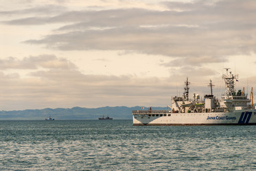 Японский корабль береговой охраны в порту Корсакова. Сахалин. Japan coast guard. Korsakov. Sakhalin. (marka) - marka