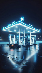 Эффектная высокотехнологичная сцена круглосуточной автоматизированной автозаправочной станции с колонкой самообслуживания, светящейся в темноте, и подъезжающей единственной машиной. Изображение, созданное с помощью искусственного интеллекта - yuyu