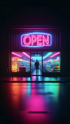 Эффектная сцена, залитая неоновым светом, — круглосуточный магазин ночью, с яркой вывеской «Открыто» и одиноким покупателем внутри. Изображение создано искусственным интеллектом - yuyu