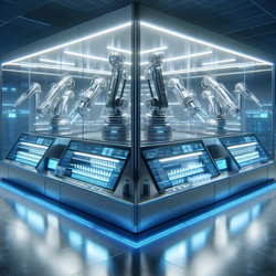 Эффектная высокотехнологичная сцена работы роботизированной системы выдачи лекарств в аптеке, где роботизированные манипуляторы выбирают и подготавливают лекарственные препараты. Изображение создано с помощью искусственного интеллекта - yuyu