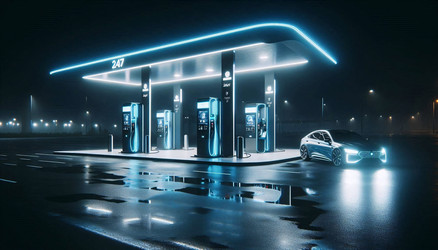 Эффектная высокотехнологичная сцена круглосуточной автоматизированной автозаправочной станции с колонкой самообслуживания, светящейся в темноте, и подъезжающей единственной машиной. Изображение, созданное с помощью искусственного интеллекта - yuyu