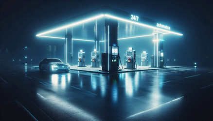 Эффектная высокотехнологичная сцена круглосуточной автоматизированной автозаправочной станции с колонкой самообслуживания, светящейся в темноте, и подъезжающей единственной машиной. Изображение, созданное с помощью искусственного интеллекта - yuyu