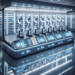 Эффектная высокотехнологичная сцена работы роботизированной системы выдачи лекарств в аптеке, где роботизированные манипуляторы выбирают и подготавливают лекарственные препараты. Изображение создано с помощью искусственного интеллекта - yuyu