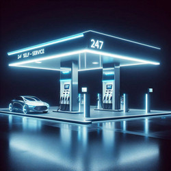 Эффектная высокотехнологичная сцена круглосуточной автоматизированной автозаправочной станции с колонкой самообслуживания, светящейся в темноте, и подъезжающей единственной машиной. Изображение, созданное с помощью искусственного интеллекта - yuyu
