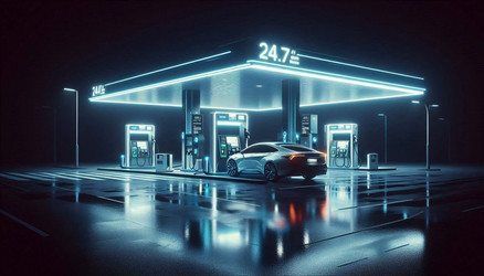 Эффектная высокотехнологичная сцена круглосуточной автоматизированной автозаправочной станции с колонкой самообслуживания, светящейся в темноте, и подъезжающей единственной машиной. Изображение, созданное с помощью искусственного интеллекта - yuyu
