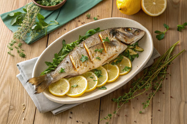 Запеченная рыба с лимоном и свежей зеленью, украшенная для подачи. Генеративный искусственный интеллект - RomanZ