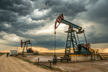 Нефтедобывающие платформы работают под драматически облачным небом. Генеративный искусственный интеллект - RomanZ