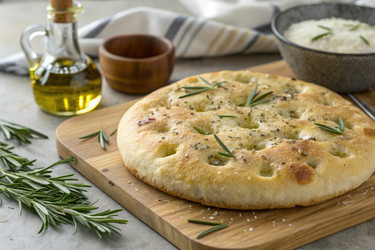 Вкусная фокачча с оливковым маслом и травами на деревянной доске. Генеративный ИИ - RomanZ