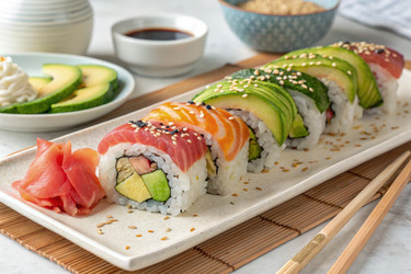 Вкусное суши, приготовленное из свежих ингредиентов с заботой (генеративный искусственный интеллект) - RomanZ