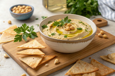 Вкусная порция хумуса, подаваемая с хрустящими чипсами из питы. Генеративный искусственный интеллект - RomanZ
