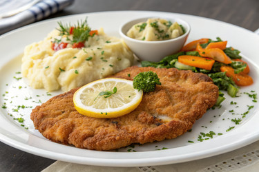 Вкусный шницель, подаваемый с картофельным пюре и овощами. Генеративный ИИ - RomanZ