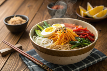 Вкуснейшая тарелка корейской лапши со свежими овощами и яйцом (генерируемый ИИ) - RomanZ