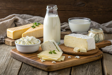 Витрина свежих молочных продуктов, включая различные виды молока и сыра, с использованием генеративного искусственного интеллекта - RomanZ