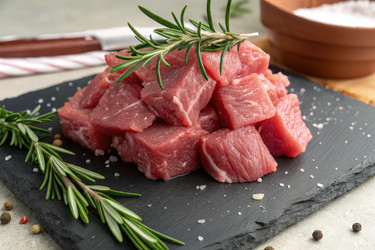 Гора сырого мяса, украшенная розмарином, на сланцевой поверхности. Генеративный ИИ - RomanZ