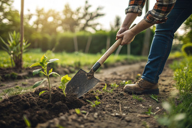 Человек копает землю лопатой в саду при дневном свете. Генеративный ИИ - RomanZ