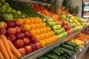Разнообразные фрукты и овощи, разложенные на витрине продуктового магазина. Генеративный искусственный интеллект - RomanZ