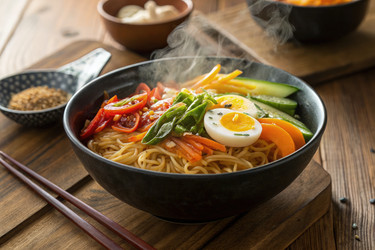 Вкуснейшая тарелка корейской лапши со свежими овощами и яйцом (генерируемый ИИ) - RomanZ