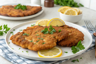 Хрустящий шницель, подаваемый с лимоном и свежей петрушкой. Генеративный искусственный интеллект - RomanZ
