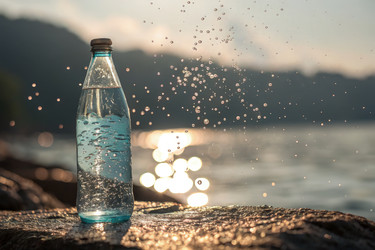 Освежающая бутылка воды на сверкающем фоне рядом с рекой. Генеративный искусственный интеллект - RomanZ