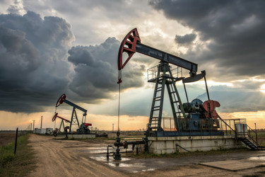 Нефтедобывающие платформы работают под облачным небом на закате. Генеративный ИИ - RomanZ