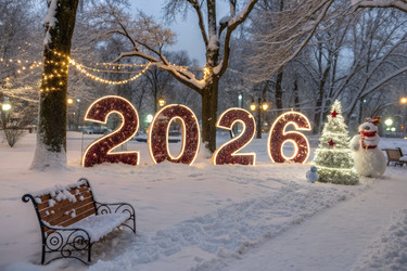 Яркие цифры 2026 года, украшенные в заснеженном парке. Генеративный искусственный интеллект - RomanZ