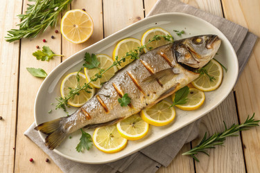 Вкусная запеченная рыба, украшенная лимоном и свежей зеленью. Генеративный ИИ - RomanZ