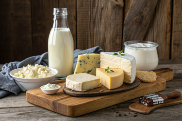 Витрина со свежими молочными продуктами, включающая молоко и различные сыры, созданная с помощью генеративного искусственного интеллекта - RomanZ