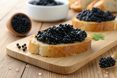 Вкуснейшая черная икра, подаваемая на свежих ломтиках хлеба. Генеративный искусственный интеллект - RomanZ
