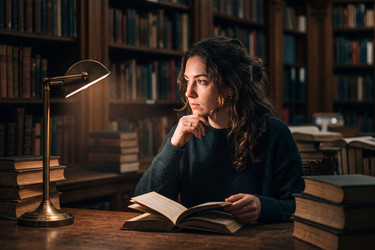 Девушка в уютной библиотеке размышляет над книгой при свете настольной лампы - zemlyansky32
