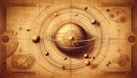 Теплая, историческая сцена из коперниканской модели Солнечной системы, где Солнце находится в центре, а планеты вращаются вокруг него. Изображение, созданное с помощью искусственного интеллекта - yuyu