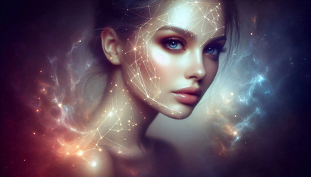 Мистический, художественный снимок женщины с нанесенным на лицо зодиакальным созвездием, созданным с помощью тонких светящихся линий и звезд, — изображение, сгенерированное искусственным интеллектом - yuyu