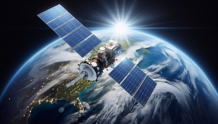 Качественный, современный снимок спутника, вращающегося вокруг Земли, с развернутыми солнечными батареями и видимой поверхностью планеты внизу. Изображение, созданное с помощью искусственного интеллекта - yuyu