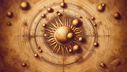 Теплая, историческая сцена из коперниканской модели Солнечной системы, где Солнце находится в центре, а планеты вращаются вокруг него. Изображение, созданное с помощью искусственного интеллекта - yuyu