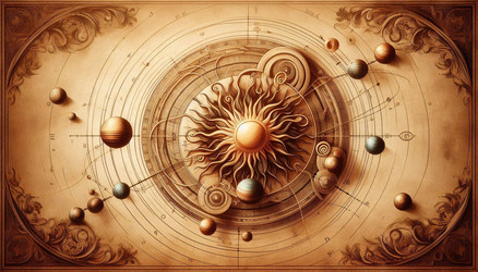 Теплая, историческая сцена из коперниканской модели Солнечной системы, где Солнце находится в центре, а планеты вращаются вокруг него. Изображение, созданное с помощью искусственного интеллекта - yuyu