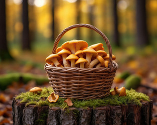 Basket of Golden Chanterelle Mushrooms in Forest – Fresh Wild Fungi for Foraging Concept, Autumn Harvest or Rustic Food Photography - Kulkann75