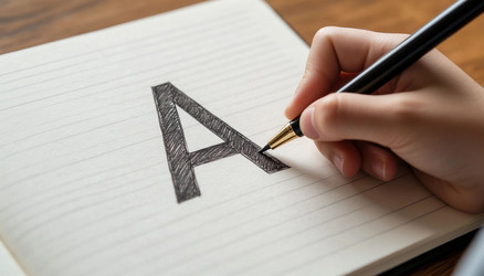 Hand Writing Letter "A" in Open Notebook – Learning and Education Concept for School, Handwriting Practice or Alphabet Content - Kulkann75