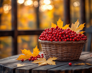 Bright Red Rowan Clusters in Woven Basket – Cozy Autumn Composition for Thanksgiving Card, Fall Interior Styling or Nature Lovers Art - Kulkann75