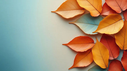 Autumn Blue Background with Orange and Red Leaves – Seasonal Copy Space for Fall Greeting Cards, Thanksgiving Design or Nature-Inspired Branding - Kulkann75