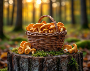 Basket of Golden Chanterelle Mushrooms in Forest – Fresh Wild Fungi for Foraging Concept, Autumn Harvest or Rustic Food Photography - Kulkann75