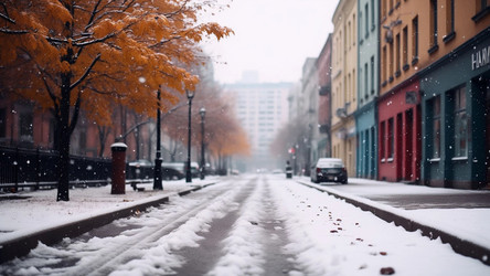 First Snowfall in Late Autumn City – Winter Transition Scene for Cozy Cards or Seasonal Marketing - Kulkann75